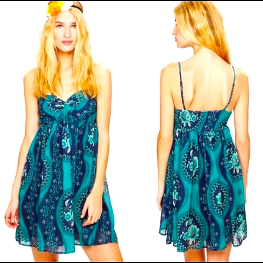 Free people “Eternal Springs” twisted bodice minidress, navy and teal